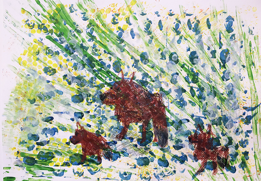 「草原のキツネの親子」コロコローラー絵画