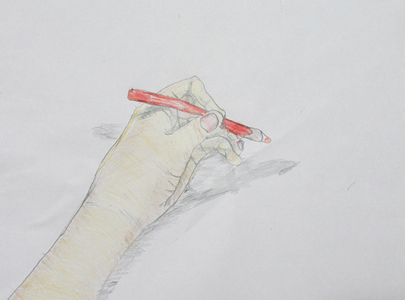 「鉛筆を持つ手」色鉛筆デッサン