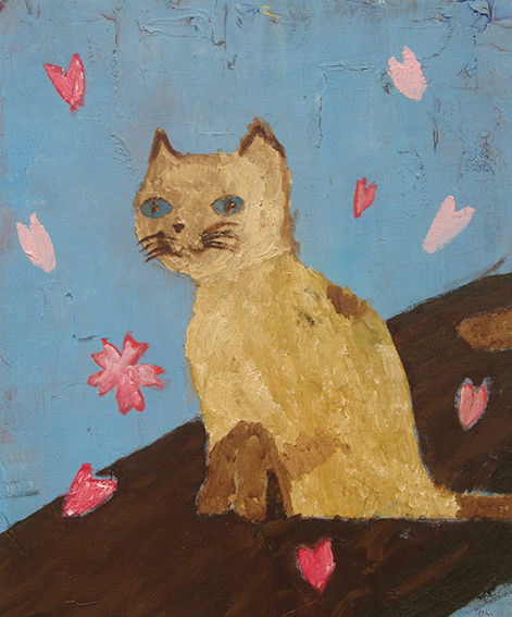 タイトル「お花見する猫」油彩
