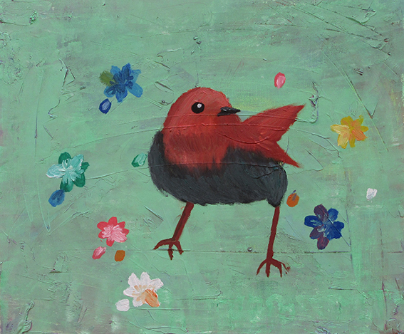 タイトル「お花に囲まれた鳥」油彩